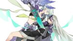  1boy 1girl abs absurdres aqua_hair bangs black-framed_eyewear black_dress black_pants breasts brynhildr_(fate) cape cleavage_cutout closed_mouth clothing_cutout collared_cape dress fate/grand_order fate_(series) gauntlets genderswap genderswap_(ftm) genderswap_(mtf) glasses gloves gram_(fate) grey_gloves grey_hair hair_between_eyes hand_on_own_chest highres hip_armor holding holding_sword holding_weapon human_scabbard large_breasts long_hair long_sleeves looking_at_another multicolored_hair pants plackart purple_cape purple_eyes purple_hair sigurd_(fate) simple_background stab streaked_hair sword vambraces very_long_hair weapon white_background wing_hair_ornament xianyu_liang 