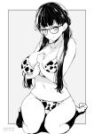  1girl animal_print bangs bikini blush breasts closed_mouth cow_print dated glasses grey_background greyscale highres kichihachi large_breasts long_hair looking_at_viewer low_twintails monochrome navel original simple_background sitting socks solo sweat swimsuit twintails twitter_username two-tone_background white_background 