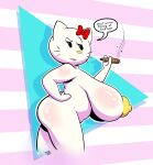  absurd_res accessory anthro big_breasts breasts cigar dialogue_box domestic_cat english_text f0xb0y01 felid feline felis female hair_accessory hair_bow hair_ribbon hand_on_hip hello_kitty_(character) hello_kitty_(series) hi_res huge_breasts huge_nipples hyper hyper_breasts looking_at_viewer mammal nude pattern_background ribbons sanrio simple_background solo striped_background text 