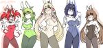  5girls :/ \m/ animal_ears antlers arms_under_breasts bare_shoulders black_hair black_leotard blonde_hair blue_leotard breasts brown_eyes brown_hair ceres_fauna cleavage clothing_cutout commentary cypher_05 double_\m/ earclip english_commentary extra_ears eyebrows_visible_through_hair eyes_visible_through_hair flower gradient_hair green_eyes green_hair green_leotard hair_flower hair_ornament hakos_baelz hand_on_hip holocouncil hololive hololive_english large_breasts leotard limiter_(tsukumo_sana) long_hair looking_at_viewer matching_outfit mouse_ears mouse_tail multicolored_hair multiple_girls nanashi_mumei open_mouth ouro_kronii pantyhose playboy_bunny purple_eyes purple_hair rabbit_ears red_eyes red_hair red_leotard short_hair simple_background smile split_mouth streaked_hair tail tail_ornament tongue tongue_out tsukumo_sana twintails twitter_username underboob_cutout very_long_hair virtual_youtuber white_background white_hair white_leotard wrist_cuffs yellow_eyes 