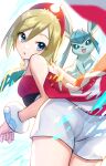  1girl absurdres akky_(akimi1127) arm_wrap blonde_hair blue_eyes eyebrow_cut glaceon highres irida_(pokemon) pokemon pokemon_(creature) pokemon_(game) pokemon_legends:_arceus red_headwear red_shirt shirt short_hair shorts strapless strapless_shirt waist_cape white_shorts 