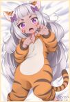  1girl animal_costume animal_ear_fluff animal_ears animal_print arm_up artist_name barefoot bow child chinese_zodiac claw_pose dark_skin eyebrows fang hair_bow happy_new_year highres keven_(ewdx3754) long_hair looking_at_viewer lying new_year on_back onesie open_mouth pink_eyes ribbon silver_hair solo tail tiger_costume tiger_ears tiger_girl tiger_print tiger_tail tower_of_saviors white_tiger_print year_of_the_tiger 