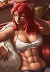 1girl abs arm_up bangs bra breasts cleavage couch dmaxcustom exercise highres leaning_back lips looking_away medium_breasts muscular muscular_female navel original red_hair resting sitting stomach sunlight sweat sword underwear weapon windowsill yellow_eyes 