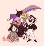  anthro canid canine clothed clothing deltarune felid feline flower flowey_the_flower fur hair hi_res jester jevil_(deltarune) kiselwithpoison mammal melee_weapon monster open_mouth plant polearm scythe simple_background smile spamton_g._spamton teeth tem temmie_(undertale) text tongue tongue_out topwear undertale undertale_(series) video_games weapon white_body white_fur 