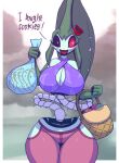  anthro basket big_breasts breasts cleavage cleavage_cutout clothed clothing container cookie curvy_figure english_text female flower food happy hi_res humanoid looking_at_viewer mawile nintendo olivia_(r-mk) open_mouth plant pok&eacute;mon pok&eacute;mon_(species) r-mk rose_(flower) sewn_mouth smile solo spine stitch_(disambiguation) stitch_(sewing) text thick_thighs video_games wide_hips 