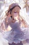  1girl azalea4 bangs blonde_hair blurry blurry_background blurry_foreground cagliostro_(granblue_fantasy) closed_mouth commentary_request depth_of_field detached_sleeves dress eyebrows_visible_through_hair finger_to_mouth flower granblue_fantasy hair_flower hair_ornament hand_up highres long_hair long_sleeves purple_eyes rose sleeveless sleeveless_dress solo very_long_hair white_dress white_flower white_rose white_sleeves 