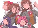  4girls bed bed_sheet blazer blush bow brown_hair brown_jacket closed_eyes closed_mouth doki_doki_literature_club hair_ornament hairclip half-closed_eyes head_on_another&#039;s_shoulder jacket leaning_on_person long_hair lying lying_on_person monika_(doki_doki_literature_club) multiple_girls natsuki_(doki_doki_literature_club) on_back open_mouth pink_hair ponytail purple_eyes purple_hair red_bow ribbon sayori_(doki_doki_literature_club) school_uniform short_hair sleeping sleeping_on_person sweat tsubobot twintails unconscious waking_up white_ribbon yuri_(doki_doki_literature_club) 