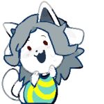  1:1 blush bodily_fluids canid canine clothed clothing felid feline hair mammal open_mouth shy simple_background smile sweat tem temmie_(undertale) topwear undertale undertale_(series) video_games white_body 