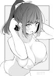  1girl bikini blush bow breasts dated grey_background greyscale hair_bow heart heart_print highres kichihachi large_breasts looking_at_viewer monochrome open_mouth original ponytail short_hair simple_background solo swimsuit twitter_username two-tone_background white_background 