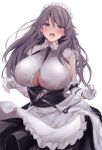  1girl :d apron azur_lane bangs black_skirt blush breasts brown_eyes brown_hair charybdis_(azur_lane) cleavage clothing_cutout commentary duplicate elbow_gloves gloves hair_between_eyes highres huge_breasts long_hair maid maid_apron maid_headdress open_mouth pixel-perfect_duplicate shirt simple_background skirt sleeveless smile solo standing teeth underboob_cutout upper_teeth white_apron white_background white_gloves white_shirt yuuki_shuri 