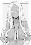  1girl bikini blush breasts dark-skinned_female dark_skin dated grey_background greyscale hair_over_breasts highres kichihachi large_breasts long_hair looking_at_viewer monochrome original simple_background solo swimsuit twitter_username two-tone_background upper_body white_background 