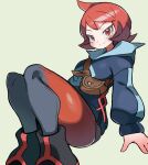  1girl arezu_(pokemon) brown_bag galaxy_expedition_team_survey_corps_uniform gradient gradient_clothes grey_jacket highres hyou_(hyouga617) jacket pantyhose pokemon pokemon_(game) pokemon_legends:_arceus red_eyes red_hair shirt short_hair solo strapless strapless_shirt two-tone_legwear 
