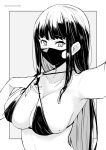  1girl bangs bikini blush breasts collarbone dated grey_background greyscale highres kichihachi large_breasts long_hair looking_at_viewer mask mole mole_on_breast monochrome mouth_mask original selfie simple_background solo swimsuit twitter_username two-tone_background upper_body white_background 