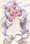  1girl animal_costume animal_ear_fluff animal_ears animal_print arm_up artist_name barefoot bow child chinese_zodiac claw_pose dark_skin eyebrows fang hair_bow happy_new_year highres keven_(ewdx3754) long_hair looking_at_viewer lying new_year on_back onesie open_mouth pink_eyes ribbon silver_hair solo tail tiger_costume tiger_ears tiger_girl tiger_print tiger_tail tower_of_saviors white_tiger_print year_of_the_tiger 