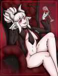  alcohol anthro beverage bovid breasts caprine clothed clothed/nude clothing demon drokmars female goat handwear helltaker hi_res human humanoid lucifer_(helltaker) mammal nude solo under_boob wide_hips 