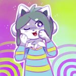  anthro canid canine clothed clothing felid feline fur hair mammal open_mouth simple_background tem temmie_(undertale) tongue topwear undertale undertale_(series) video_games white_body white_fur 