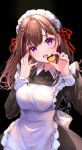  1girl bangs black_background blush breasts brown_hair earrings hair_ornament hairclip highres holding jewelry long_hair long_sleeves looking_at_viewer maid maid_headdress open_mouth original puracotte purple_eyes 