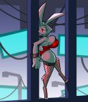  anthro aygee big_breasts breasts clothing female fishnet fishnet_legwear fur huge_breasts lagomorph legwear leotard leporid looking_back mammal rabbit red_eyes solo spandex thick_thighs thigh_highs tight_clothing white_body white_fur 