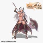 1girl abs armor axe bikini bikini_armor black_gloves black_legwear boots breasts elbow_gloves fingerless_gloves gloves highres holding holding_axe horns jewelry large_breasts limeblock long_hair looking_at_viewer navel official_art orange_eyes pendant silver_hair smile solo swimsuit the_symphony_of_dragon_and_girls thighhighs very_long_hair warrior 