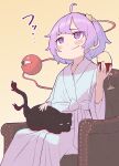  1girl ahoge bathrobe black_cat blush cat cat_loaf couch cup cupping_glass drinking_glass heart heart_of_string highres kaenbyou_rin kaenbyou_rin_(cat) kanpa_(campagne_9) komeiji_satori nekomata purple_eyes purple_hair smile smug touhou wine_glass yellow_background 