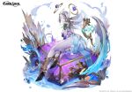  1girl 2021 absurdres blue_eyes character_request company_name copyright fantasy feathered_wings gran_saga headgear high_heels highres long_hair multicolored_eyes official_art purple_eyes silver_hair sitting solo thigh_strap water_drop white_hair wings yeon_bom 