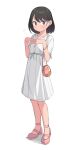  1girl bag black_hair dress earrings flying_sweatdrops full_body highres jewelry looking_at_viewer original own_hands_together pink_footwear purple_eyes saiste shoes short_hair shoulder_bag simple_background smile solo standing white_background white_dress 