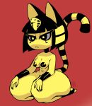  animal_crossing ankha_(animal_crossing) anthro breasts domestic_cat felid feline felis female frown hands_on_thighs hunnibunnibuttz kneeling mammal nintendo nude red_background simple_background solo thick_thighs video_games 