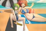  2girls aqua_eyes ball beach beachball bikini blue_bikini breasts green_hair hair_ribbon happy highres large_breasts multiple_girls navel noldvano one_eye_closed onozuka_komachi orange_eyes pink_hair ribbon rod_of_remorse school_swimsuit seaside shiki_eiki small_breasts smile swimsuit touhou towel twintails umbrella v white_polka_dots 