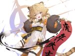 1girl :d absurdres animal_ear_fluff animal_ears arknights bangs black_shorts breasts brown_eyes brown_hair calligraphy_brush commentary_request du_(arknights) eyebrows_visible_through_hair fang hair_between_eyes highres holding holding_paintbrush japanese_clothes kimono long_hair long_sleeves looking_at_viewer mdo_(chdmw66) medium_breasts obi oversized_object paintbrush puffy_long_sleeves puffy_sleeves sash short_shorts shorts smile solo standing standing_on_one_leg tail thighhighs tiger_ears tiger_girl tiger_tail very_long_hair white_kimono white_legwear 