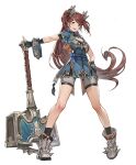  1girl bangs boots breasts brown_hair dress hammer hand_on_hip highres holding holding_hammer long_hair open_mouth original shorts simple_background sisiyong small_breasts socks solo spiked_boots weapon white_background yellow_eyes 