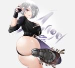  1girl absurdres angel_(kof) ass bangs black_jacket boots breasts chaps character_name commentary_request fingerless_gloves fingernails gloves grey_eyes hair_over_one_eye highres itsher_momo jacket kicking knee_boots leather leather_jacket looking_at_viewer makeup medium_breasts shiny shiny_hair shiny_skin short_hair simple_background sleeves_rolled_up smile the_king_of_fighters thighs white_hair 