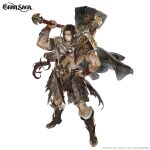  1boy 2021 absurdres armor boots brown_hair cape company_name copyright fur-trimmed_boots fur_trim gran_saga hammer hand_on_hip hand_up highres holding holding_hammer long_hair official_art orange_eyes over_shoulder shoulder_armor simple_background sisiyong solo tied_hair weapon weapon_over_shoulder white_background 