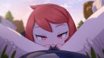  2girls arezu_(pokemon) blurry blurry_background cunnilingus female_pov female_pubic_hair greatm8 highres looking_at_viewer lying multiple_girls on_back oral pokemon pokemon_(game) pokemon_legends:_arceus pov pubic_hair pussy pussy_juice red_eyes red_hair spread_legs thigh_grab thighs tree yuri 