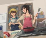  :d :o amamiya_hibiya apron asahina_hiyori black_eyes black_hair brown_eyes brown_hair cooking frying_pan holding holding_ladle kagerou_project kitchen ladle saksak_m smile 