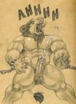  absurd_res anthro aroused balls bdsm big_penis bodily_fluids bondage bound bovid bovine cattle chain cuff_(restraint) cum cumshot ejaculation european_mythology genital_fluids genitals greek_mythology hi_res humanoid kurnak male mammal minotaur muscular muscular_male mythology orgasm orgasm_face penis restraints solo tush 