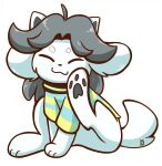  canid canine circle_eyebrows clothed clothing eyebrows eyes_closed felid feline fur hair hi_res mammal pawpads paws raised_leg scratching simple_background smile solo tem temmie_(undertale) thewolfcalledbunny topwear undertale undertale_(series) video_games white_body white_fur 