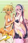  2girls :d ahoge bikini blonde_hair blue_eyes breasts crossover drill_locks fang fins gills green_eyes hair_between_eyes head_fins highres holding_hands interlocked_fingers large_breasts lindaroze long_hair looking_at_viewer lulala_heine maid_headdress medium_breasts mermaid meroune_lorelei monster_girl monster_musume_no_iru_nichijou monster_musume_no_oisha-san multiple_girls navel open_mouth pink_hair scales short_hair sidelocks smile swimsuit take_your_pick trait_connection 