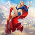  1girl absurdres animal bangs belt bird blonde_hair blue_eyes blue_sky boots breasts cape cloud cloudy_sky commentary day dc_comics dove flying full_body gold_trim gradient gradient_sky hand_up highres kim_sung_hwan knee_boots lips long_hair long_sleeves looking_at_viewer medium_breasts midriff navel outdoors parted_lips red_footwear simple_background skirt sky solo stomach supergirl superman_(series) 