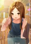  1girl :d absurdres bangs bare_arms blush brown_eyes brown_hair collarbone cream cream_on_face food food_on_face grey_shirt grey_skirt highres jun_wmrx3848 karakai_jouzu_no_takagi-san leaning_forward long_hair open_mouth parted_bangs shiny shiny_hair shirt skirt sleeveless sleeveless_shirt smile solo straight_hair takagi-san 