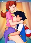  1boy 1girl ash_ketchum ass_grab baseball_cap blue_jacket blue_pants blurry blurry_background breast_sucking breasts brown_hair clothes_lift cowboy_shot delia_ketchum ditto english_commentary eyelashes fingerless_gloves gloves green_gloves hat hat_removed headwear_removed hetero incest indoors jacket large_breasts lips loodncrood looking_at_another mother_and_son open_clothes open_jacket pants pokemon pokemon_(anime) ponytail purple_skirt shirt shirt_lift short_sleeves sitting sitting_on_lap sitting_on_person skirt spiked_hair thighs transformed_ditto yellow_shirt 