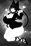  1girl bangs black_footwear black_ribbon blunt_bangs braid breasts cat_tail cleavage closed_mouth eyebrows_behind_hair full_body greyscale hand_up haseru_(ginku_mh) heart juliet_sleeves kaenbyou_rin large_breasts leg_ribbon long_sleeves looking_at_viewer monochrome multiple_tails nekomata puffy_sleeves ribbon simple_background smile solo tail thick_thighs thighs touhou twin_braids twintails two_tails 