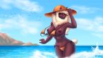  16:9 5_fingers absurd_res anthro beach big_breasts bikini black_body black_fur bovid breasts caprine clothed clothing curvy_figure female fingers fur hat headgear headwear hi_res horn looking_at_viewer mammal markings mole_(marking) mostly_nude mouthless orange_clothing orange_swimwear raychell sea seaside sheep solo summer swimwear topless torn_clothing water were werecaprine weresheep widescreen wool_(fur) xalda_(future_ver.) 