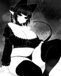  1girl adapted_costume animal_ears arm_support bangs black_legwear blunt_bangs blush braid breasts cat_ears cat_tail choker cleavage closed_mouth collarbone extra_ears feet_out_of_frame frilled_choker frills greyscale haseru_(ginku_mh) kaenbyou_rin large_breasts long_hair looking_at_viewer monochrome multiple_tails nekomata off_shoulder pointy_ears sitting smile solo tail thighhighs touhou tsurime twin_braids twintails two_tails 