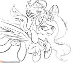  cutie_mark equestria_girls equid equine eyelashes feathered_wings feathers feral friendship_is_magic hasbro hi_res hooves horn inner_ear_fluff looking_up mammal monochrome my_little_pony novaspark open_mouth princess_celestia_(mlp) smile sunset_shimmer_(eg) tuft unicorn winged_unicorn wings 