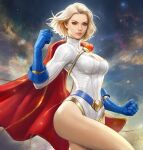  absurdres belt blonde_hair blue_gloves breasts brown_eyes cape cleavage clenched_hands closed_mouth commentary dc_comics elbow_gloves gloves gold_trim gradient gradient_sky highres kim_sung_hwan large_breasts leotard lips long_sleeves outdoors power_girl red_cape short_hair simple_background skin_tight sky superman_(series) turtleneck white_leotard 