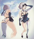  1girl ass asymmetrical_legwear back bandages bare_legs bare_shoulders bird black_footwear black_gloves blindfold blue_eyes blue_sky breasts cleavage cloud collarbone cosplay detached_sleeves gloves high_heels highres kaine_(nier) kaine_(nier)_(cosplay) large_breasts mole mole_under_mouth multiple_views nier nier_(series) nier_automata one-eyed ozkh panties pulled_by_self short_hair silver_hair sky solo underwear white_panties yorha_no._2_type_b 