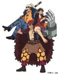  3boys absurdres annoyed black_hair cape carrying_over_shoulder crossed_legs eustass_captain_kid fur_cape hat highres holding holding_sword holding_weapon jacket jacket_on_shoulders male_focus mechanical_arms monkey_d._luffy multiple_boys ngtvcat one_piece red_hair sheath sheathed single_mechanical_arm sitting_on_shoulder sword trafalgar_law weapon 