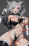  animal_ears bangs black_legwear breasts claws clothing_cutout commentary elbow_gloves english_commentary facial_mark gloves grey_background grey_eyes grey_hair highres hiragana_oufu hood large_breasts looking_at_viewer navel navel_cutout nipples original parted_bangs short_hair slit_pupils spikes spread_legs symbiote tail thighhighs thighs thong tongue tongue_out torn_clothes 