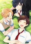  3boys :d black_hair brown_hair closed_eyes freckles grass green_eyes hair_over_one_eye jinnai_enta karushiumu_shougyo kuji_toi laughing light_brown_hair lying multiple_boys necktie on_back on_stomach pocket red_necktie sarazanmai school_uniform short_hair short_sleeves smile yasaka_kazuki 