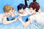  3boys black_hair black_pants blue_background blurry blurry_background blush brown_hair day freckles freefall glasses holding_hands jinnai_enta karushiumu_shougyo kuji_toi male_focus multiple_boys necktie outdoors pants sarazanmai shirt short_hair white_shirt yasaka_kazuki 